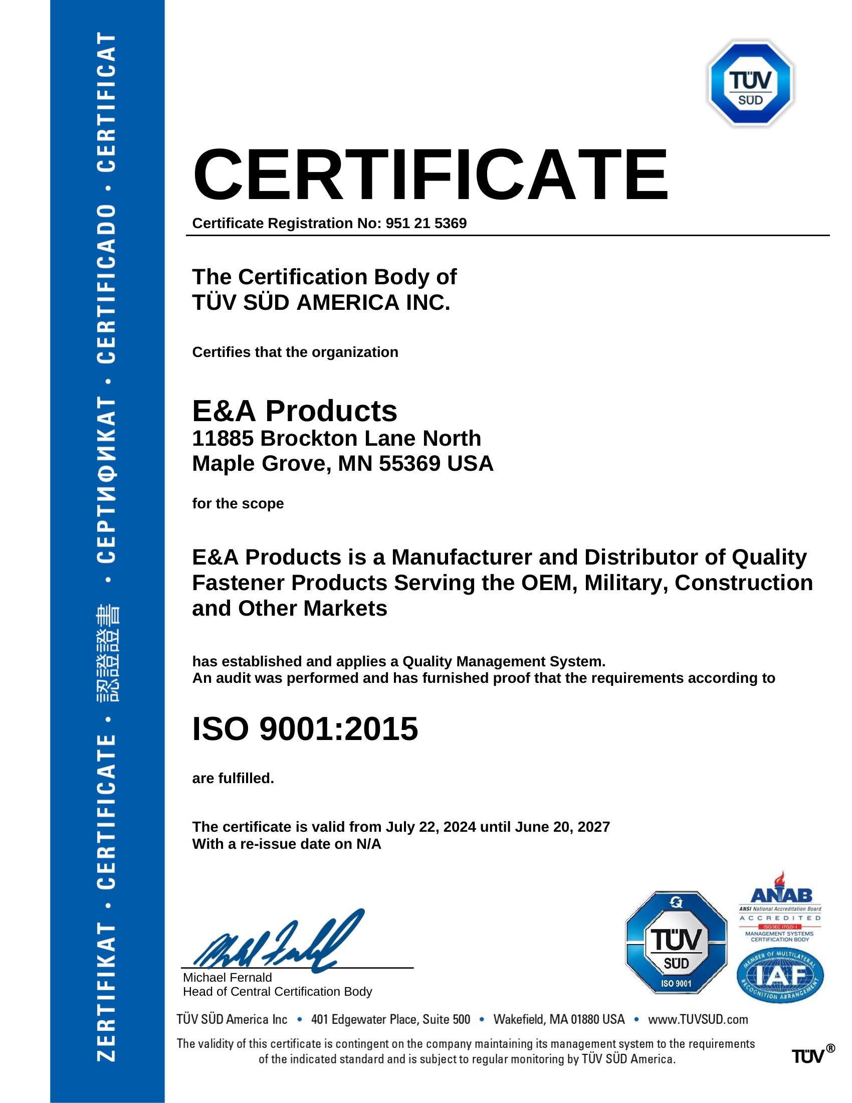E&A ISO 9001:2015 certification